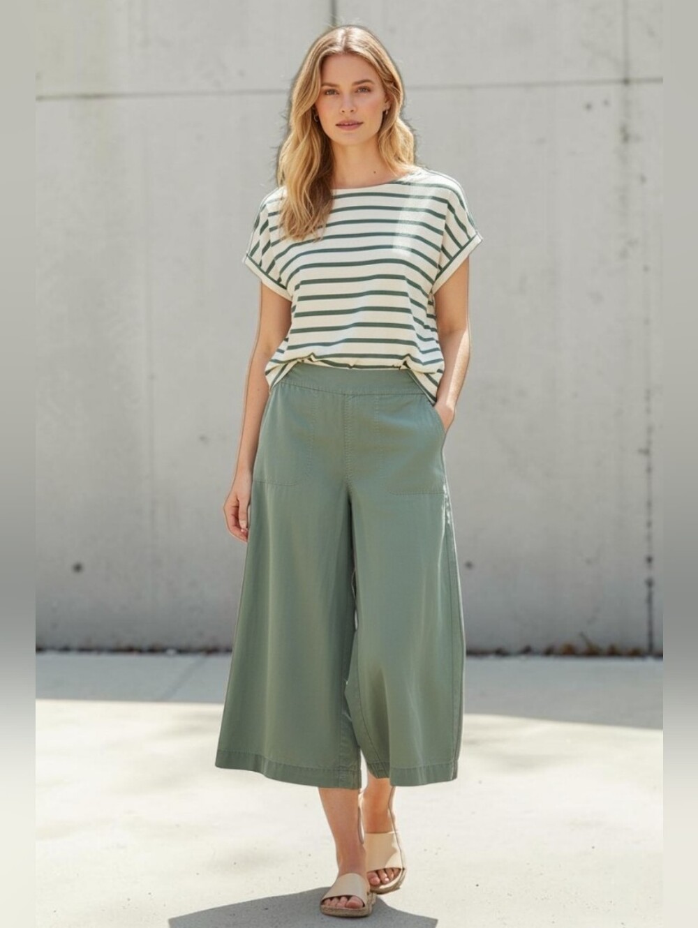Fresh Produce Green Wide-Leg Cropped Palazzo Pants SZ L